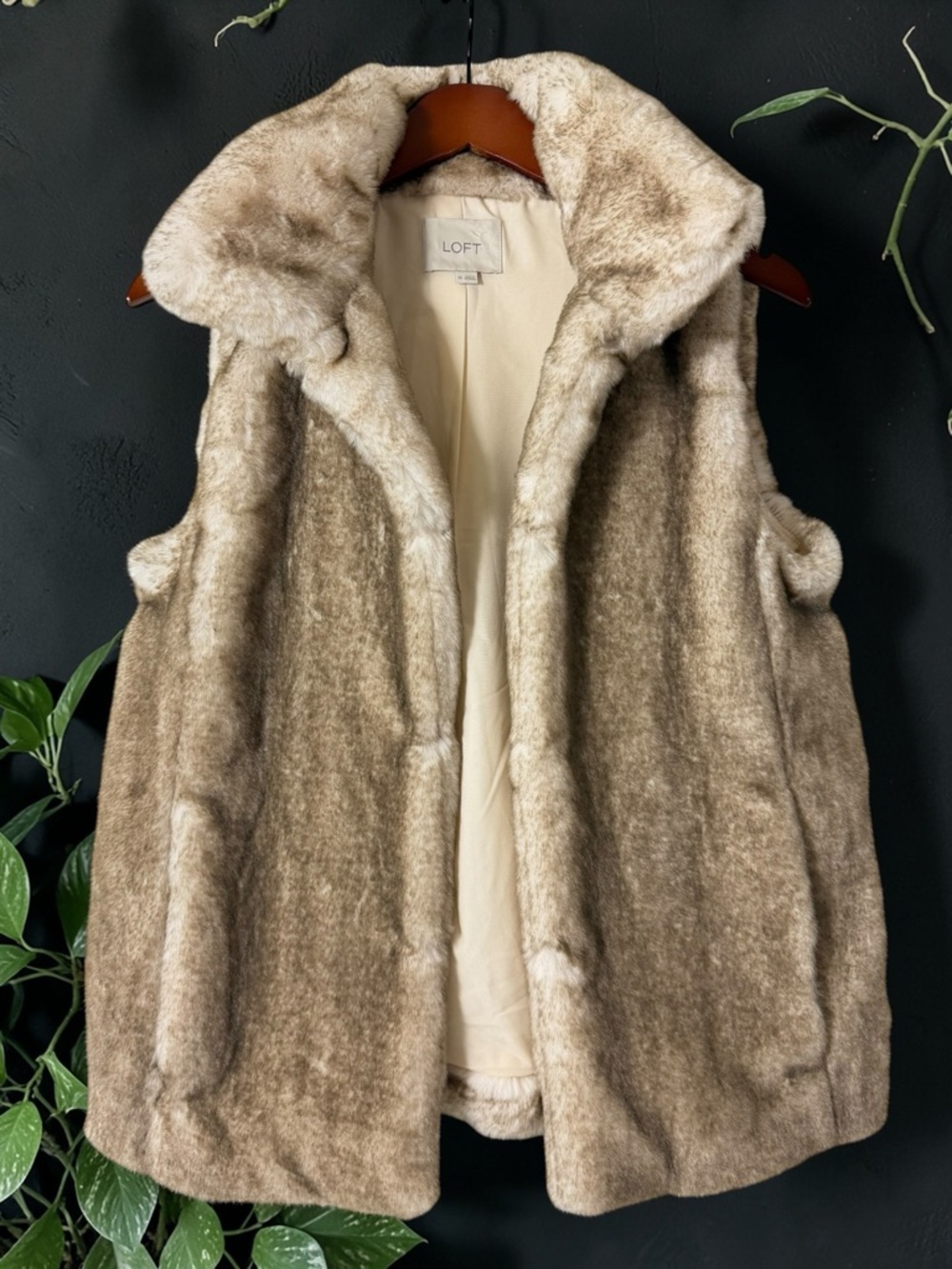 LOFT Luxe Faux Fur Vest Variegated Camel & Cream Stand Collar Layering Piece XS